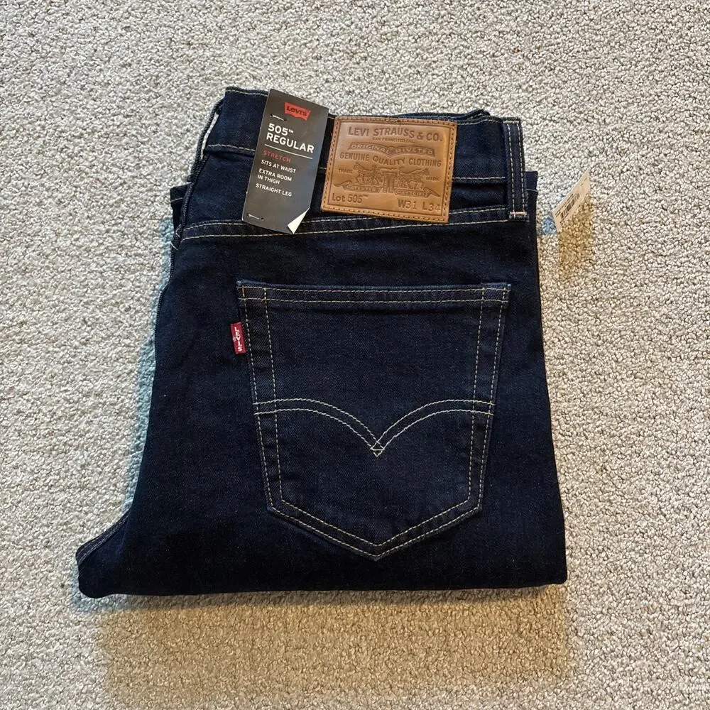 Levi's Premium 505 Regular Men's Dark Blue Stretch Straight Denim Jeans 31/34
